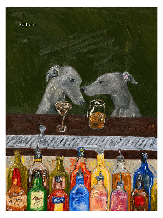 Two greyhounds sit at a bar, facing each other with drinks before them, while colorful bottles line the counter. Rendered in Leah Boyd's painterly and impressionistic style, “Bar Scene” evokes the look of an oil on canvas. In the top left corner, white text reads “Edition I.”.