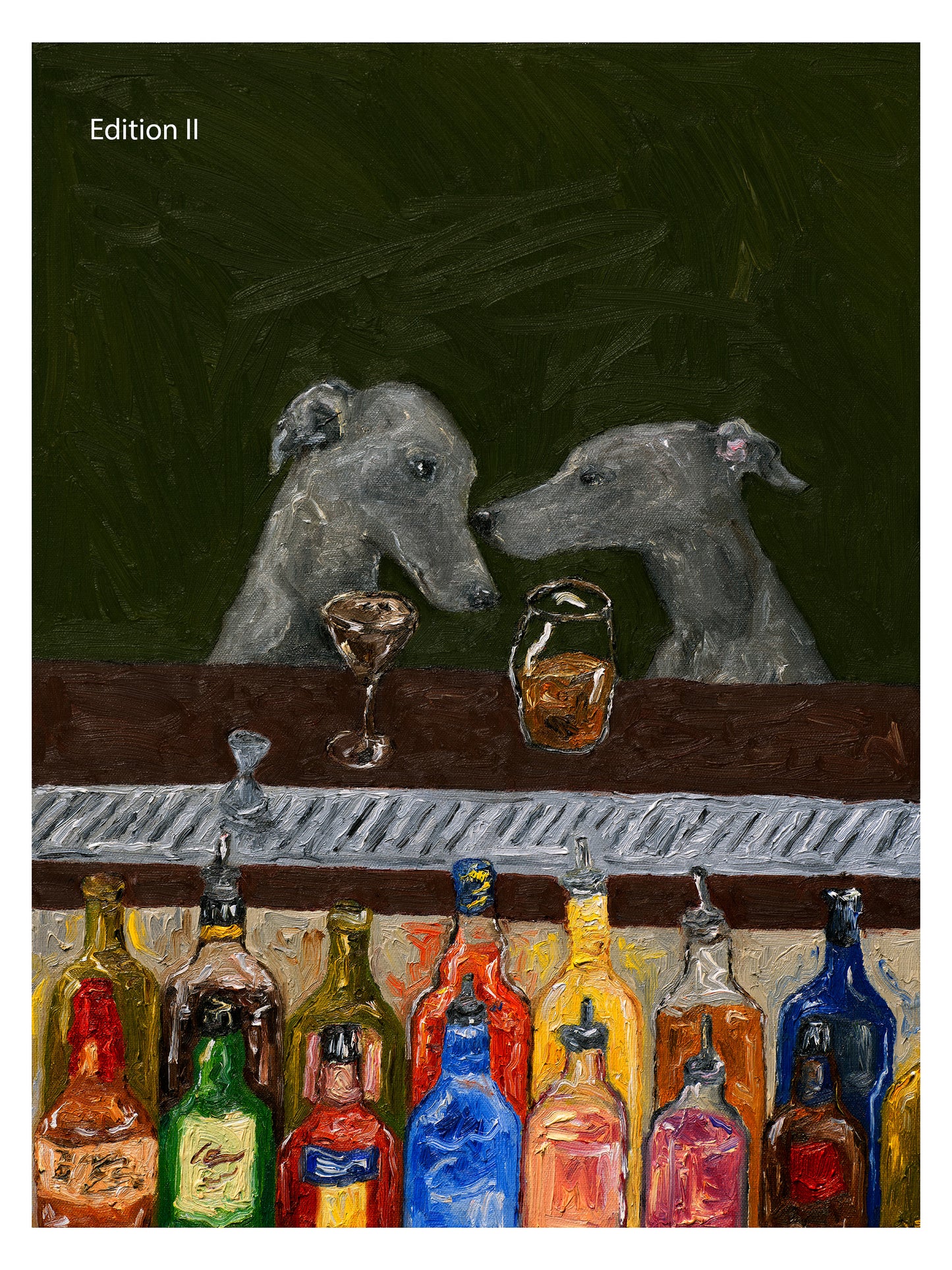 Two greyhounds sit at a bar with drinks in front of them, surrounded by colorful bottles against a dark green background. In the top left corner, the text reads Edition II. Painterly and whimsical in style, Bar Scene by Leah Boyd makes an ideal limited edition art print for collectors and dog lovers alike.