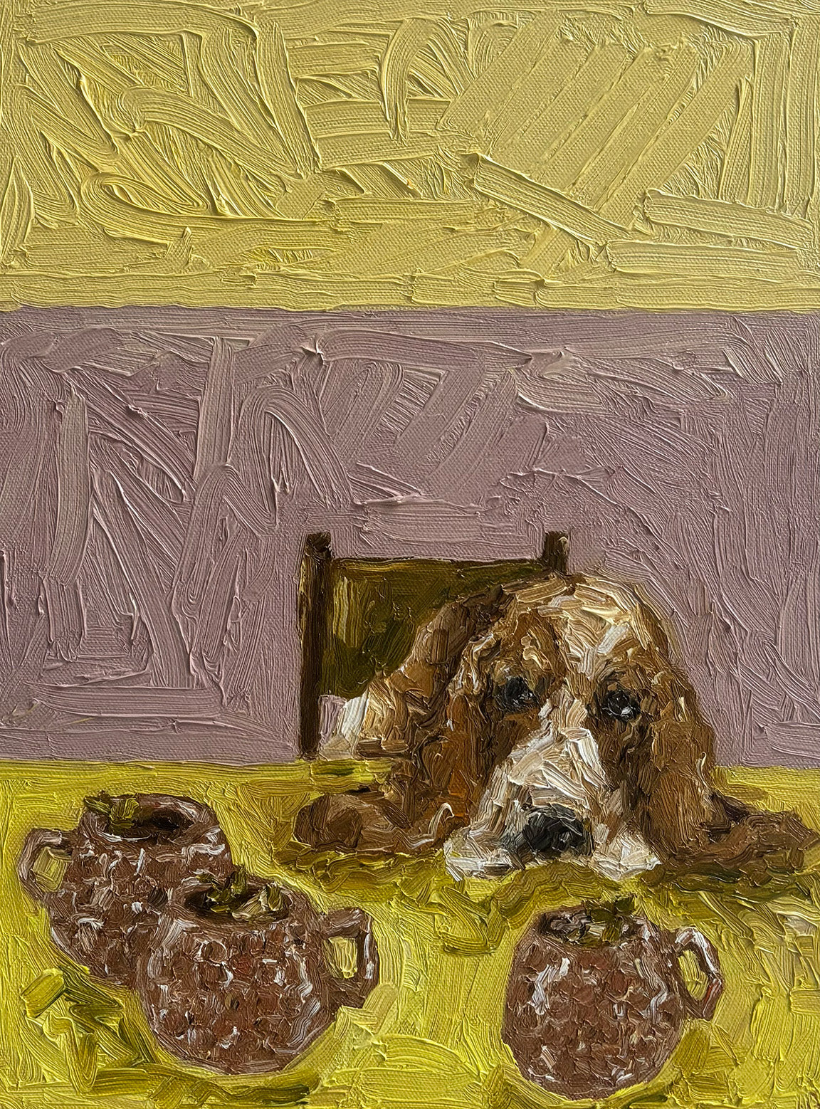 The "Moscow Mule" by Leah Boyd is a textured oil painting of a dog resting its head on a table with three brown teapots, set against bold purple and yellow brushstrokes—an eye-catching canvas wall art.