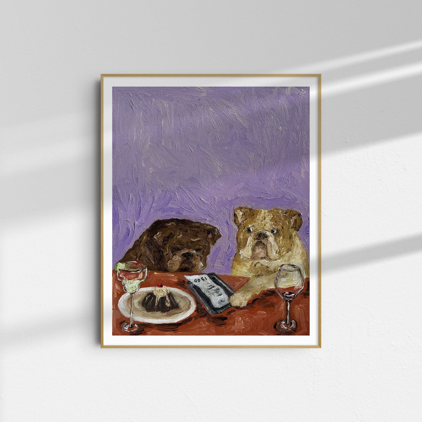 Yikes" by Leah Boyd is a limited edition art print that vividly depicts two dogs at a table with wine glasses, a remote control, and a plate of food, all set against a purple background. Framed and displayed on a white wall, this vibrant oil-on-canvas captures the playful scene in striking detail.