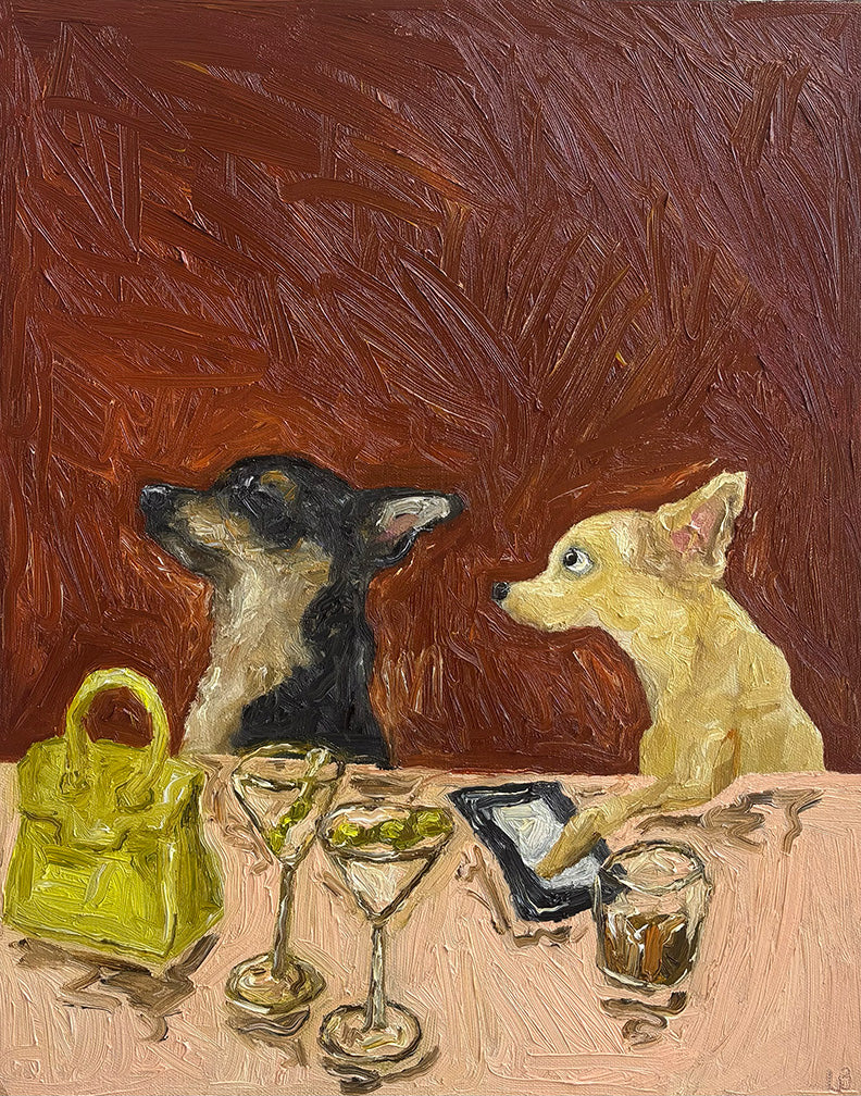 In "It's Not On Me" by Leah Boyd, two small dogs sit at a table with a yellow handbag, martini glasses, and phone against a textured reddish-brown background. This signed canvas art is ready to hang and brings charm to any space.