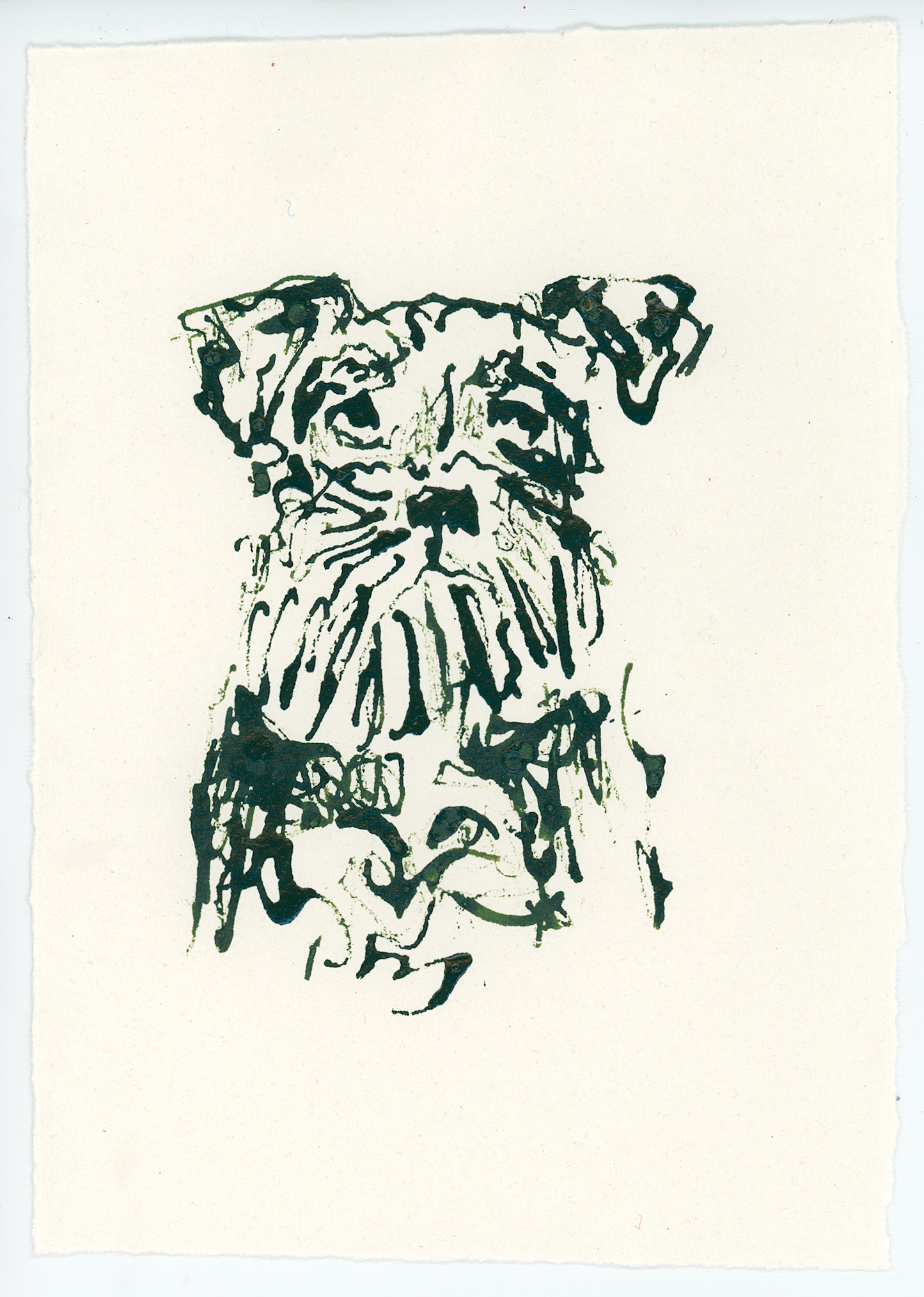 Acrylic Ink Dog no. 30 by Leah Boyd features a loose, abstract dog portrait with expressive lines, highlighting a shaggy face and beard on off-white watercolor paper for a unique custom pet painting.