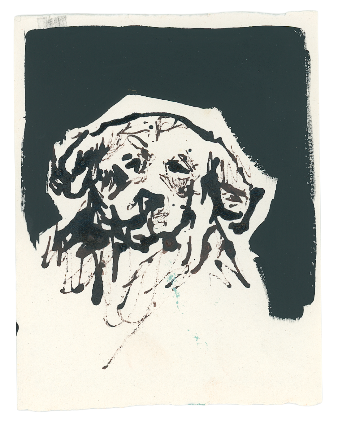 Acrylic Ink Dog no. 8 by Leah Boyd features a floppy-eared dog sketched in bold black brush strokes on off-white watercolor paper with a dark background—perfect custom dog art with striking contrast.