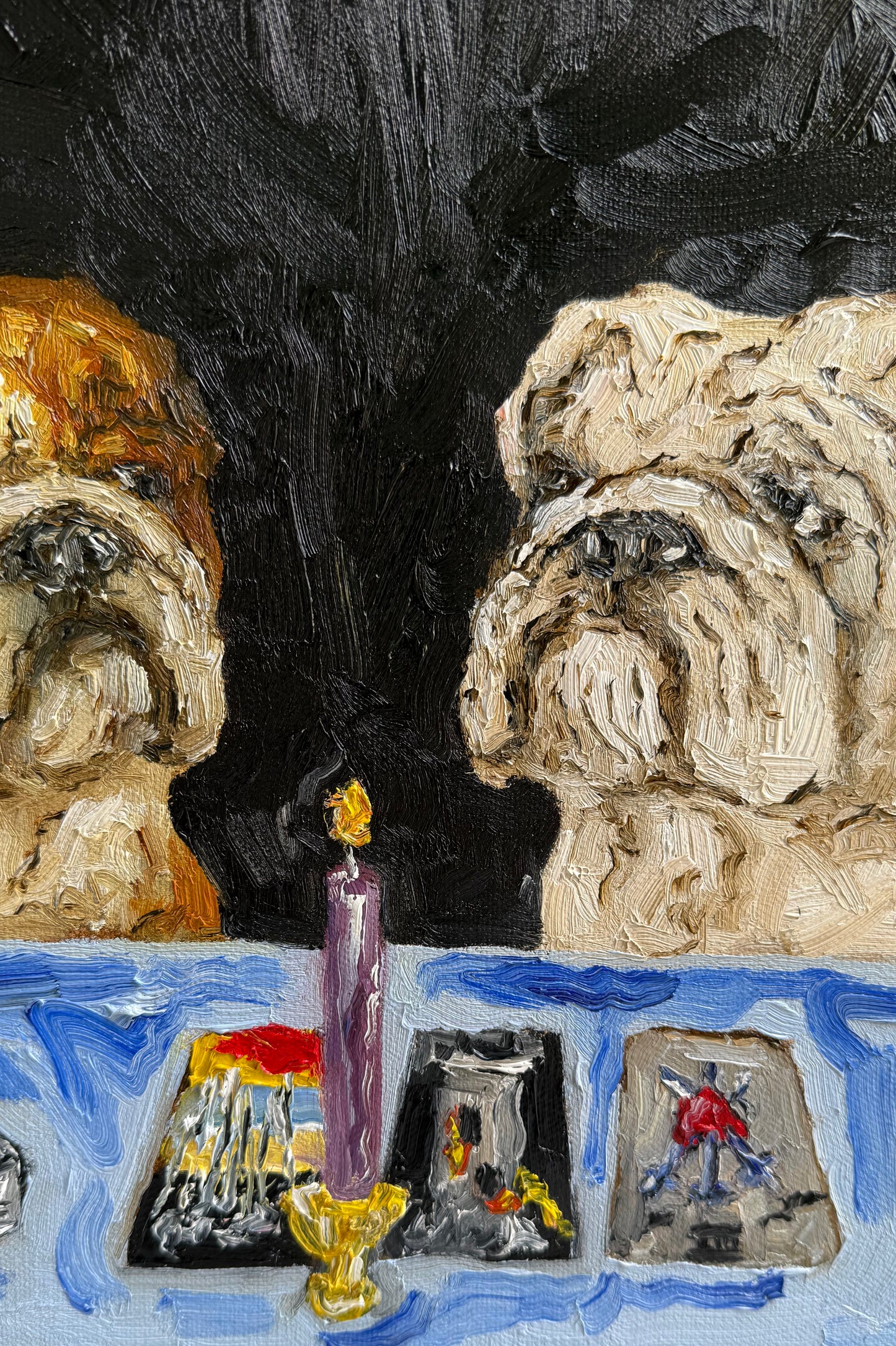 Introducing “A Ruff Reading” by Leah Boyd—a ready-to-hang original oil painting featuring two bulldogs seated at a table adorned with a blue tablecloth, a lit candle, and tarot cards, all set against a dark background. This unique artwork includes a certificate of authenticity.