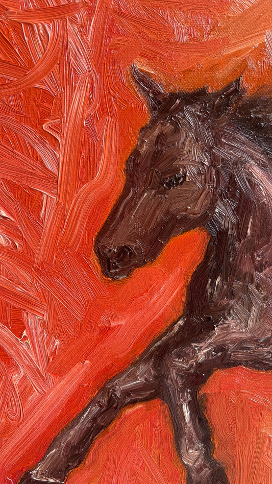 Year of the Horse" by Leah Boyd is an original oil painting capturing a horse in motion, with bold brown and black strokes set against a vibrant red-orange background, expressing dynamic Year of the Horse energy.