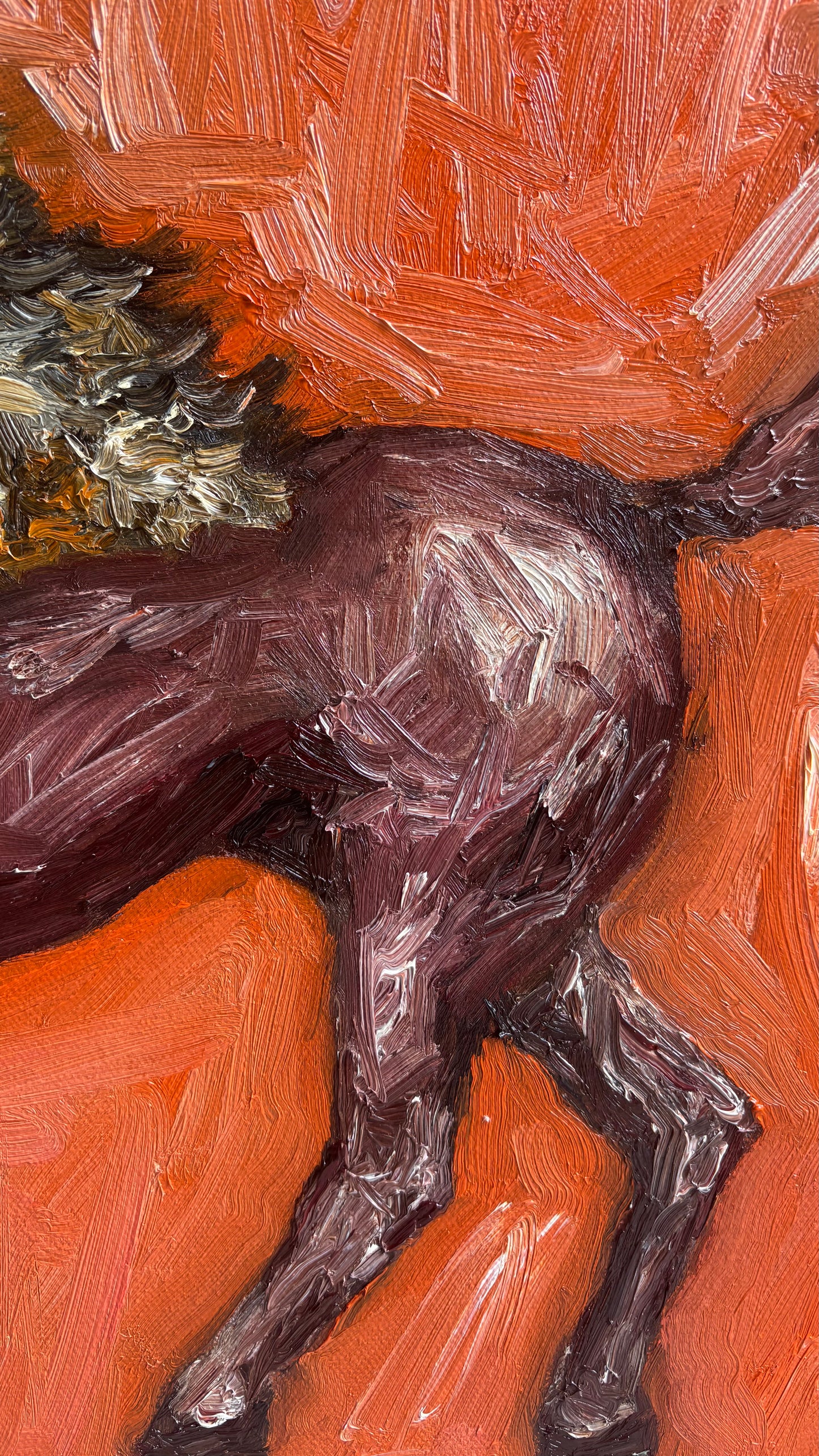 Year of the Horse" by Leah Boyd is an original oil on canvas, showcasing the back half and legs of a horse in motion. Bold brushstrokes and a textured warm orange background emphasize form and energy in this signed artwork.