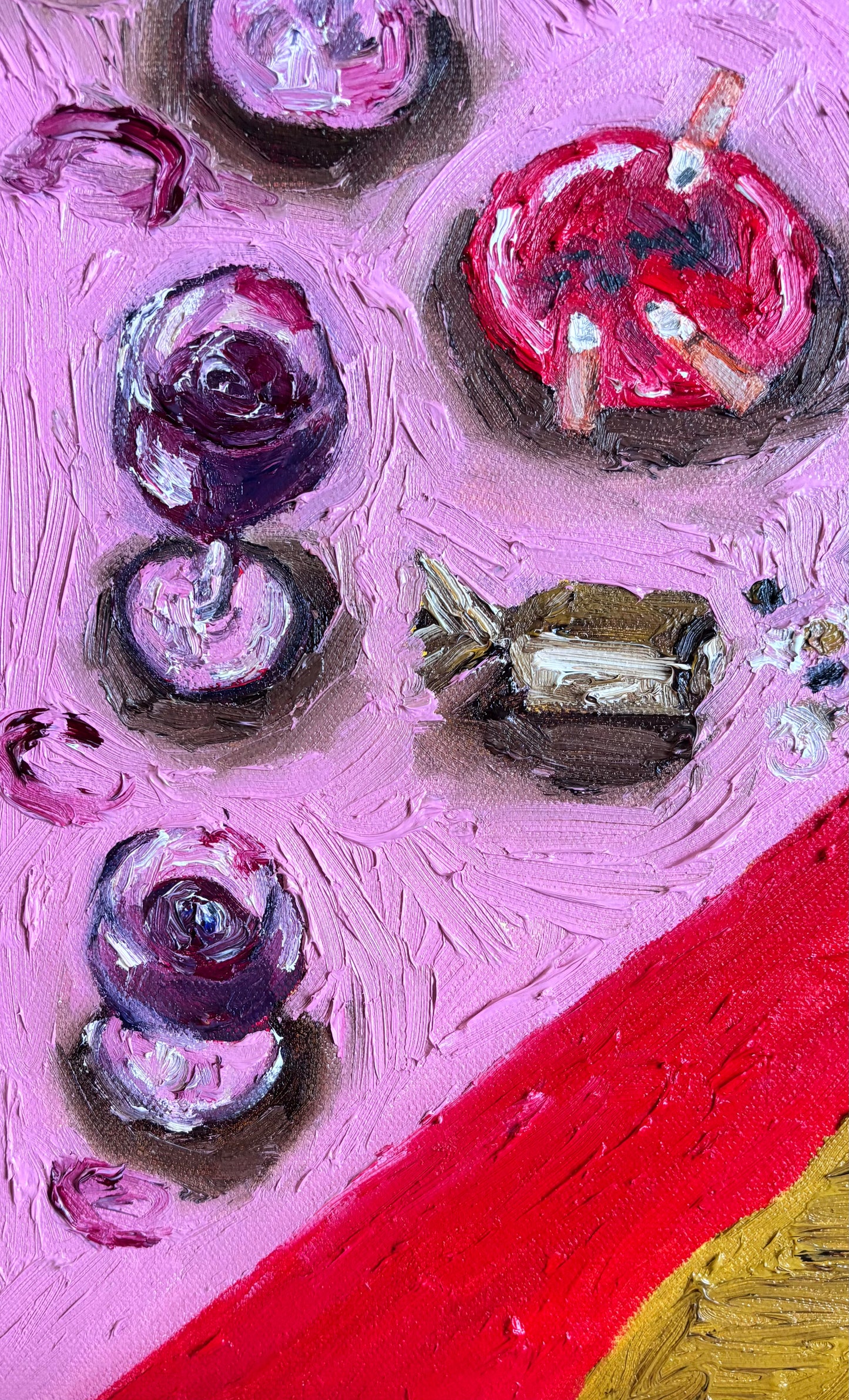 A close-up of "After the Party" by Leah Boyd shows wine glasses, candy, and an ashtray with cigarettes on a pink surface, featuring a bold red and yellow diagonal stripe in the corner.