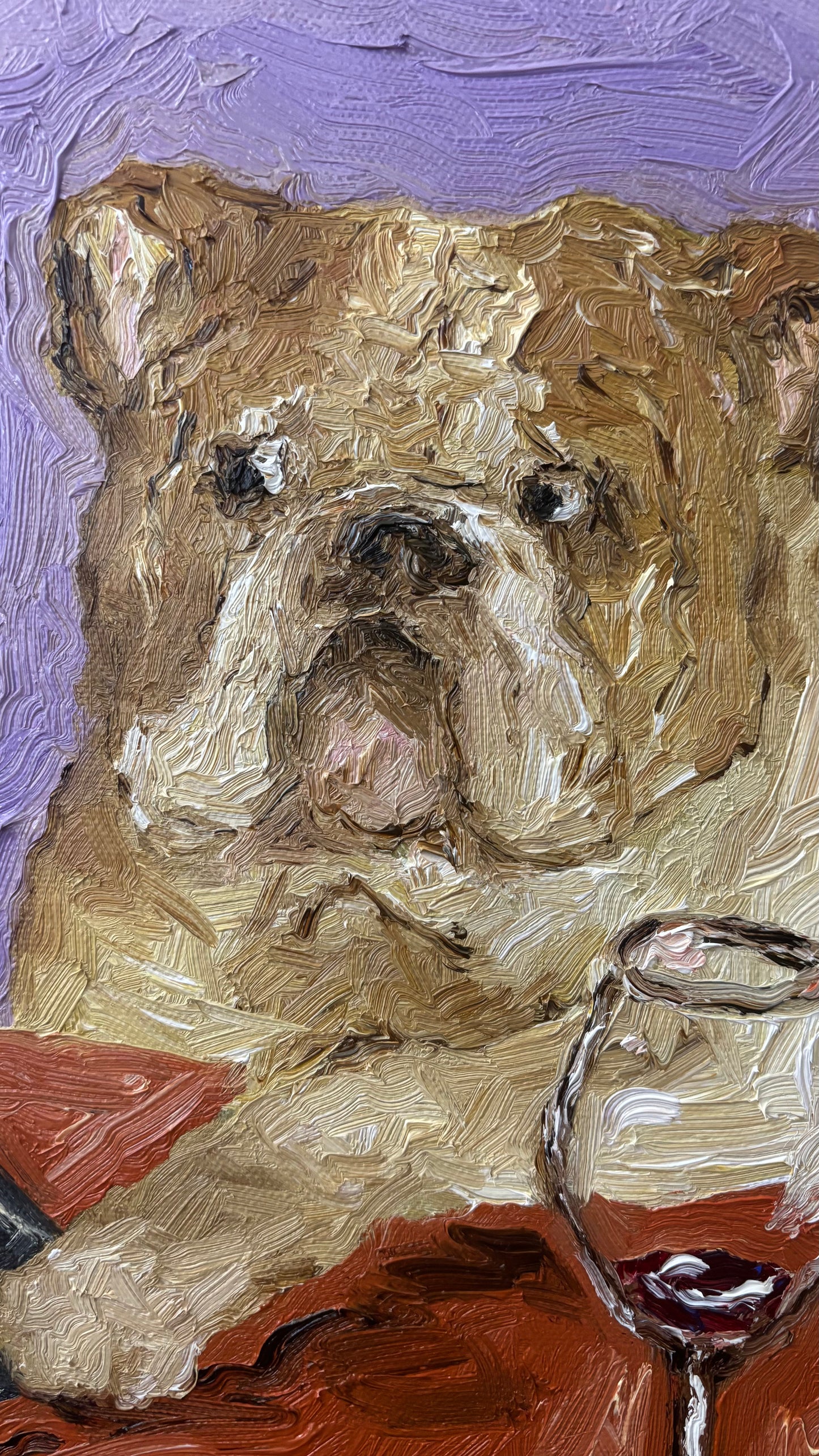 Yikes" by Leah Boyd is an original oil painting of a brown and white bulldog at a table with red wine. A purple, textured backdrop adds vibrancy. Includes certificate of authenticity for added value.