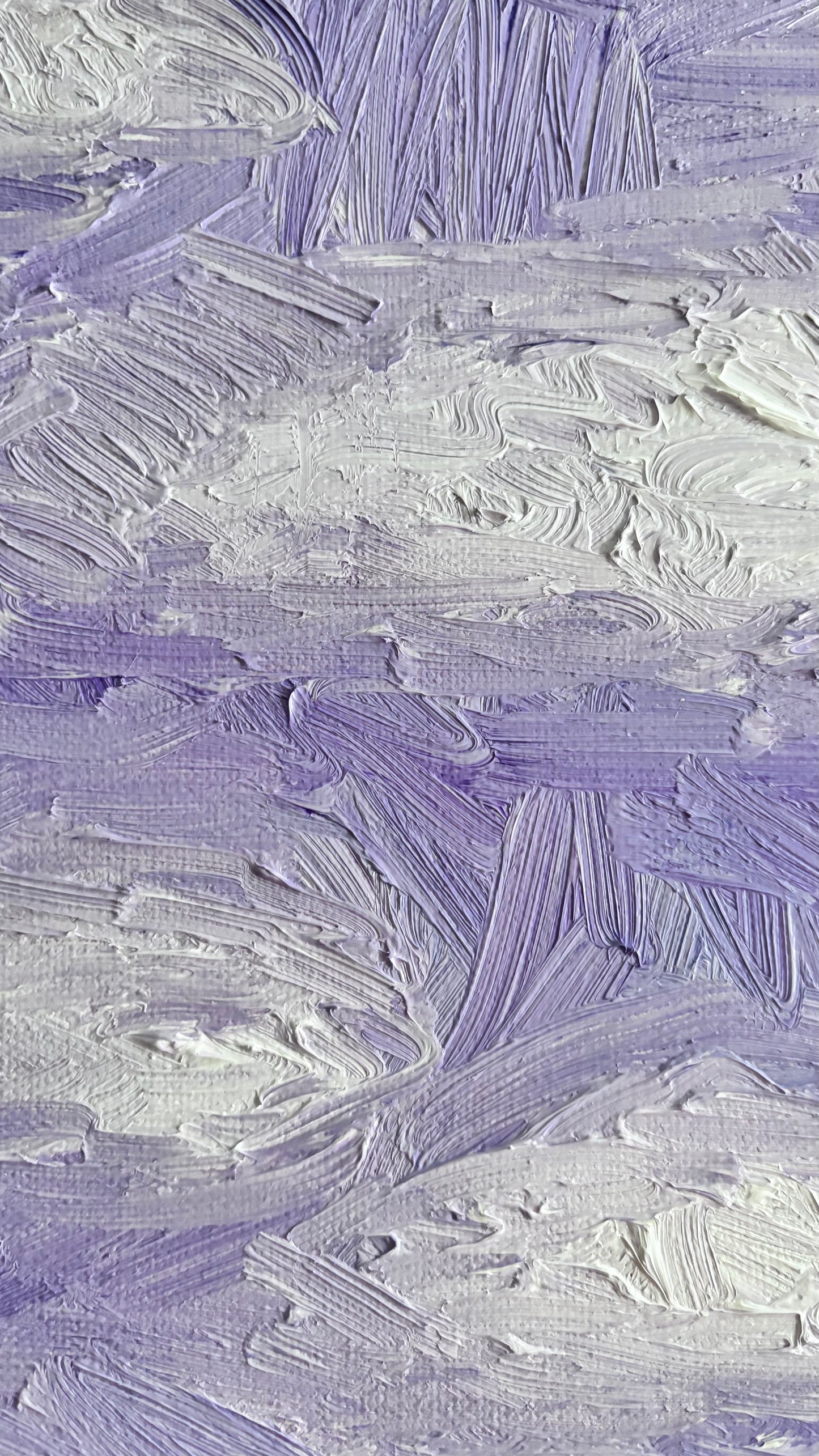 Close-up of "Summer Twilight" by Leah Boyd, featuring textured oil paint with broad lavender and white brushstrokes, creating a dynamic and layered canvas surface.