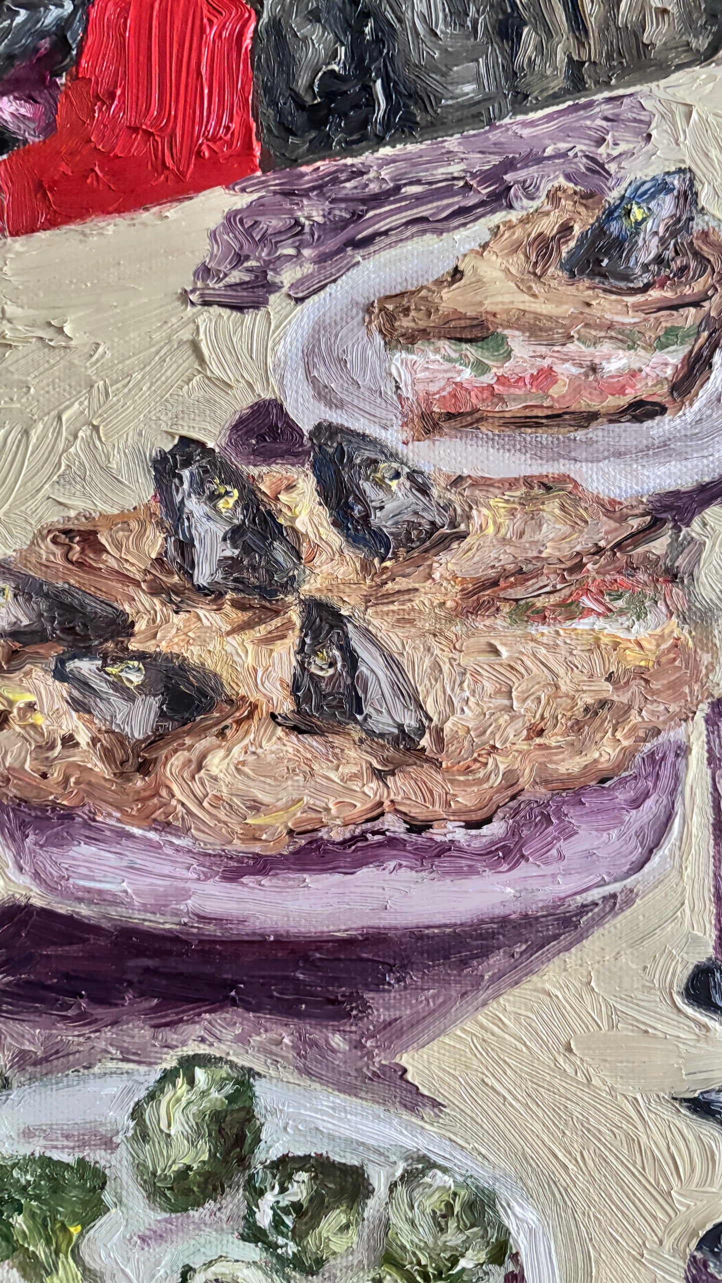 A close-up of "English Mastiffs & Stargazy Pie" by Leah Boyd—original oil art featuring a unique food scene, perfect as canvas wall décor for culinary enthusiasts.