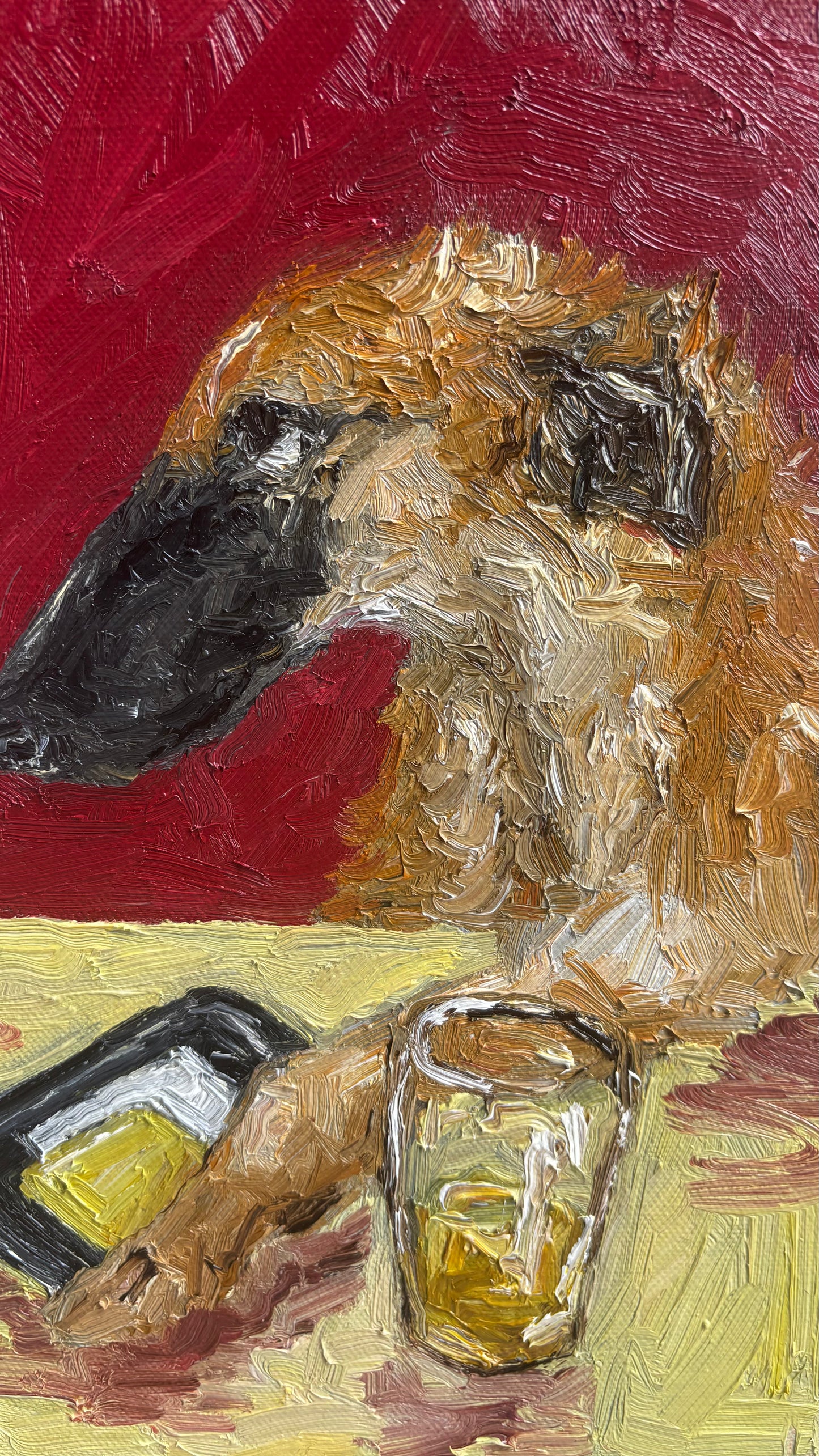 As If by Leah Boyd: An original oil painting of an anteater-like animal at a table with amber liquid and a yellow object on a tray, set against textured red—perfect framed canvas art for your collection.
