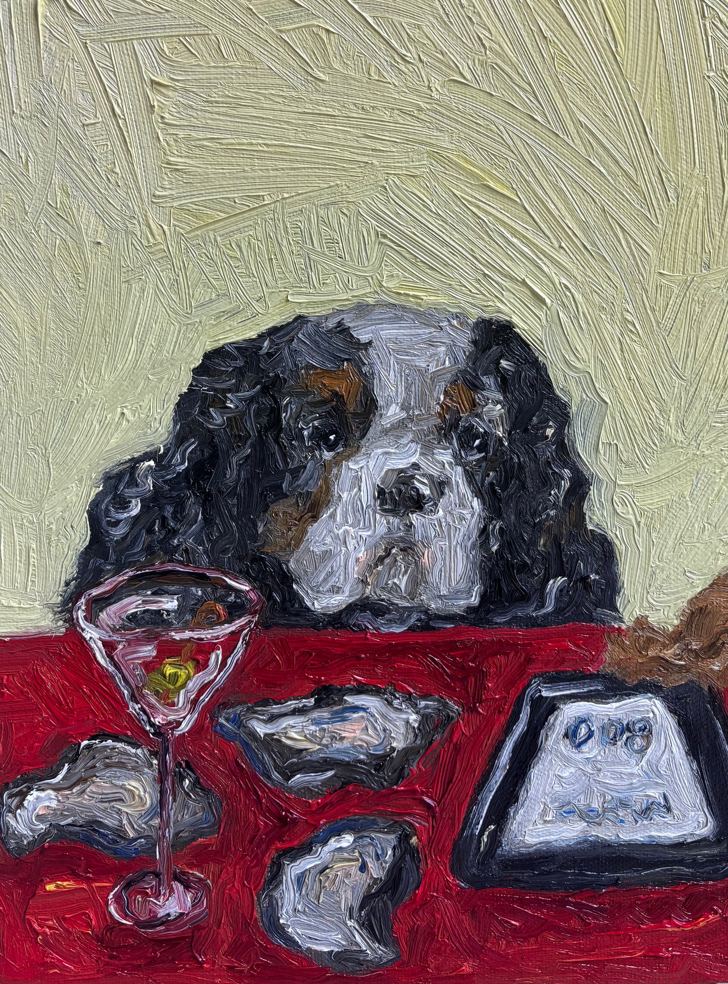 “The Oysters, in Fact, Were Not $1” by Leah Boyd is a textured original oil painting featuring a calm dog at a red table with oysters, cocktail, and tray on light yellow tones—a charming signed canvas art for any space.
