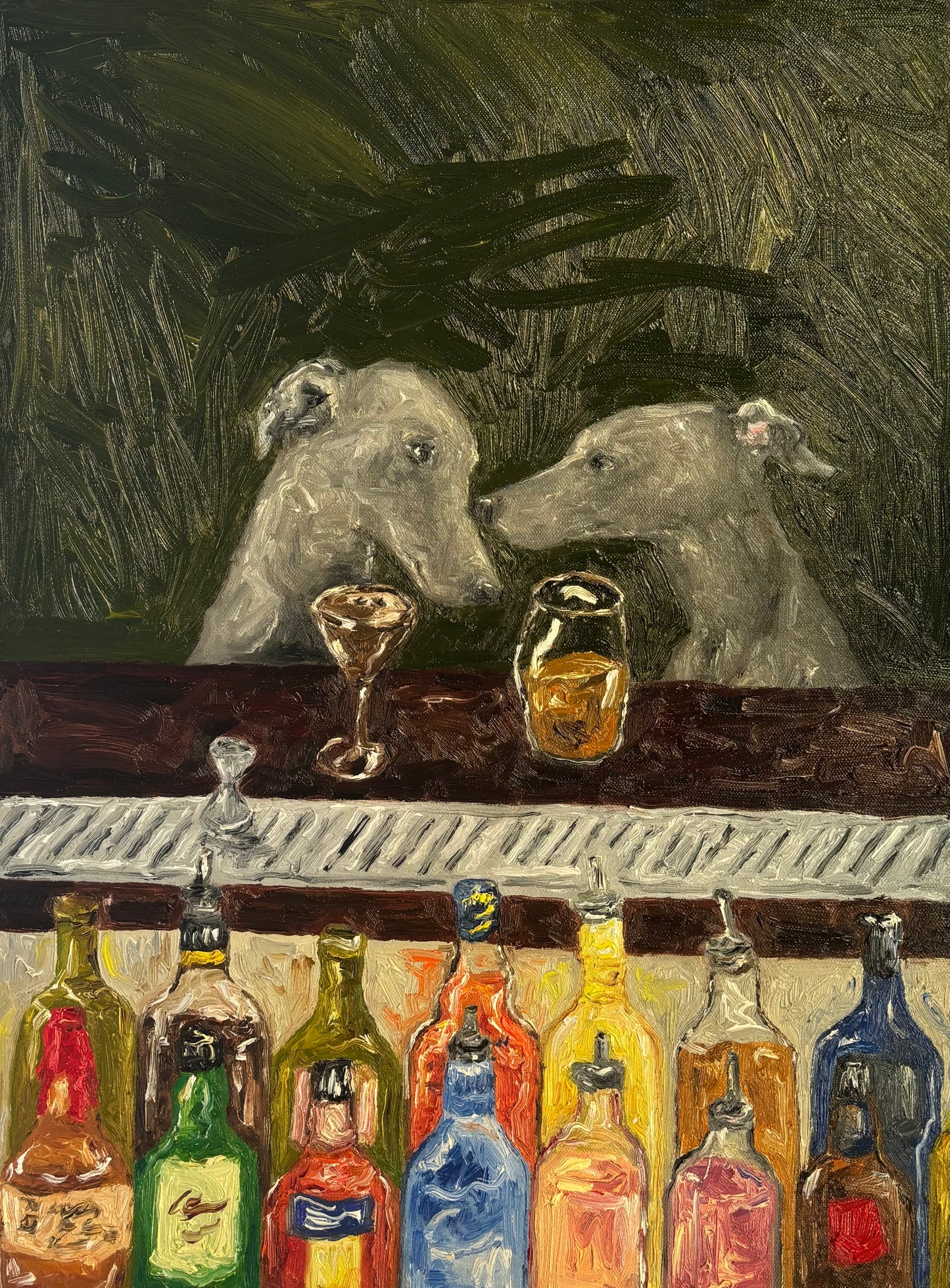 Bar Scene by Leah Boyd features two grey dogs at a bar with drinks, colorful bottles, and a dark green abstract background. This expressive original oil painting is ideal for unique bar scene art lovers.