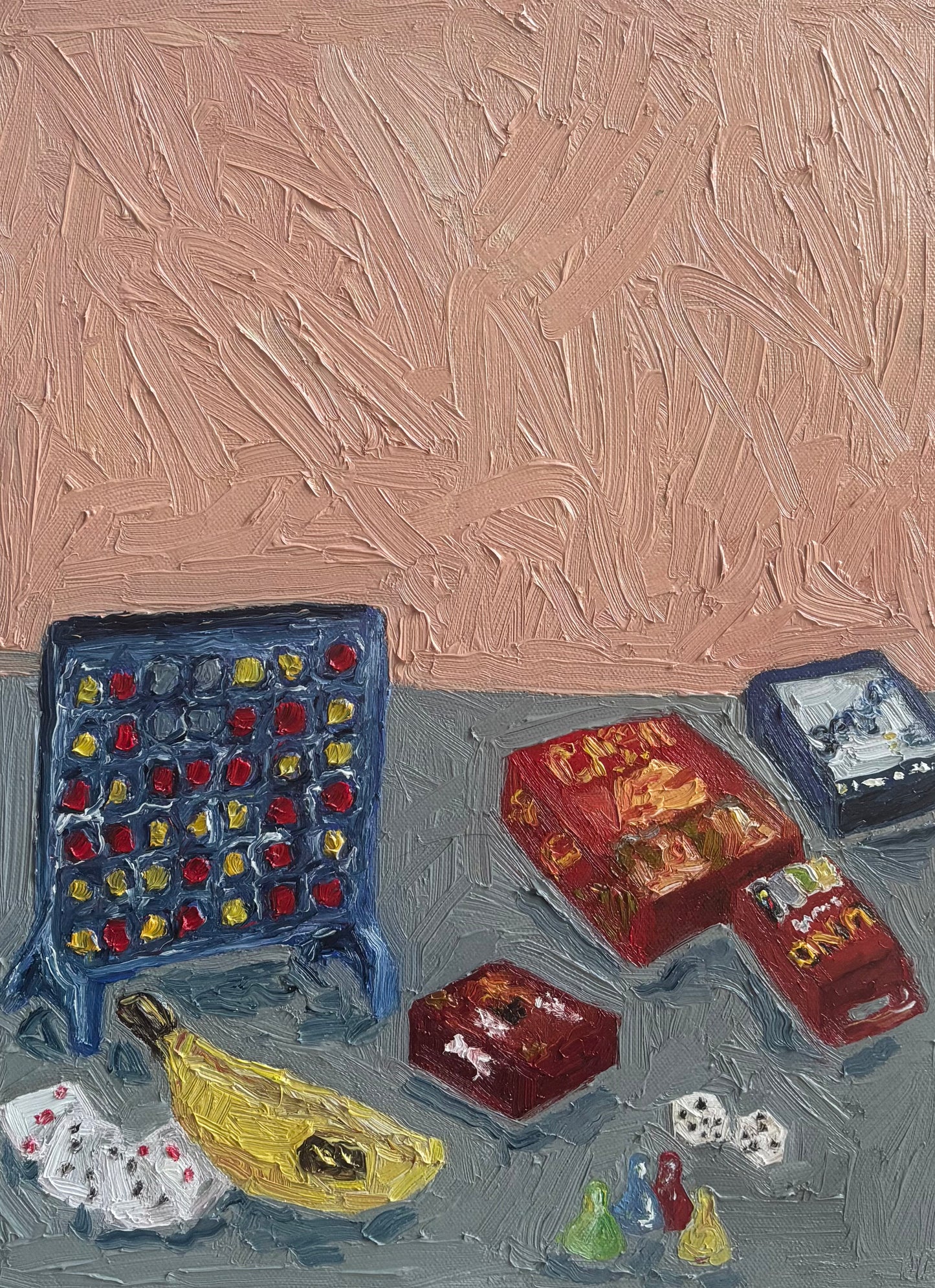 Don't Let the Kids Win" by Leah Boyd is a textured original oil painting showing board games and toys—Connect Four, cards, dice, a banana, and colorful pieces—on a table against a mauve wall. Includes certificate of authenticity.