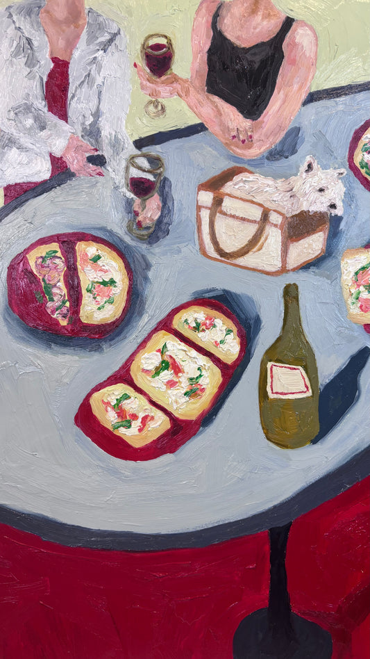Dinner for One no. 8: Purse Pup by Leah Boyd is an original oil painting on cradled gesso-board featuring two women, flatbread pizzas, red wine, and a small white dog in a tan bag. Includes certificate of authenticity.