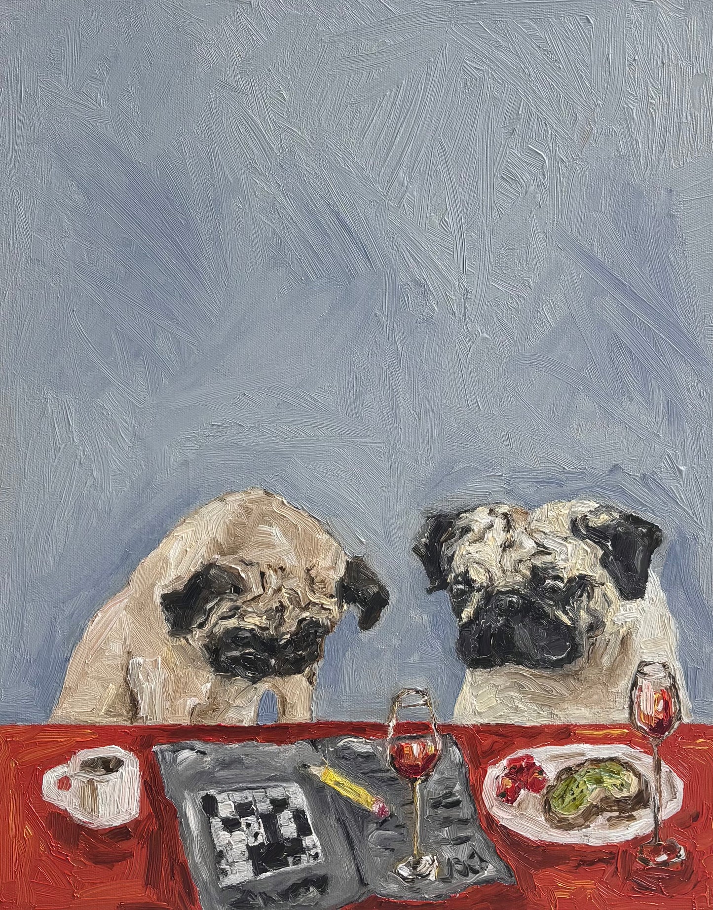 Morning Conundrum by Leah Boyd is an original oil painting showing two pugs at a red table with a crossword, wine glasses, and food. Textured strokes and a blue background make this canvas art a charming addition to any space.