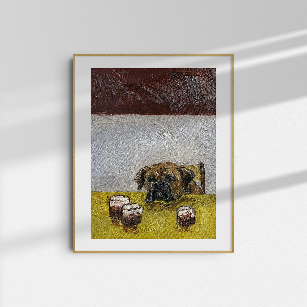 Introducing "White Russian" by Leah Boyd—a framed, limited edition giclee print showcasing a brown dog resting its head on a yellow table, with three glasses placed in front. The textured background combines white and dark brown hues, imparting an elegant and contemporary feel to this striking artwork.