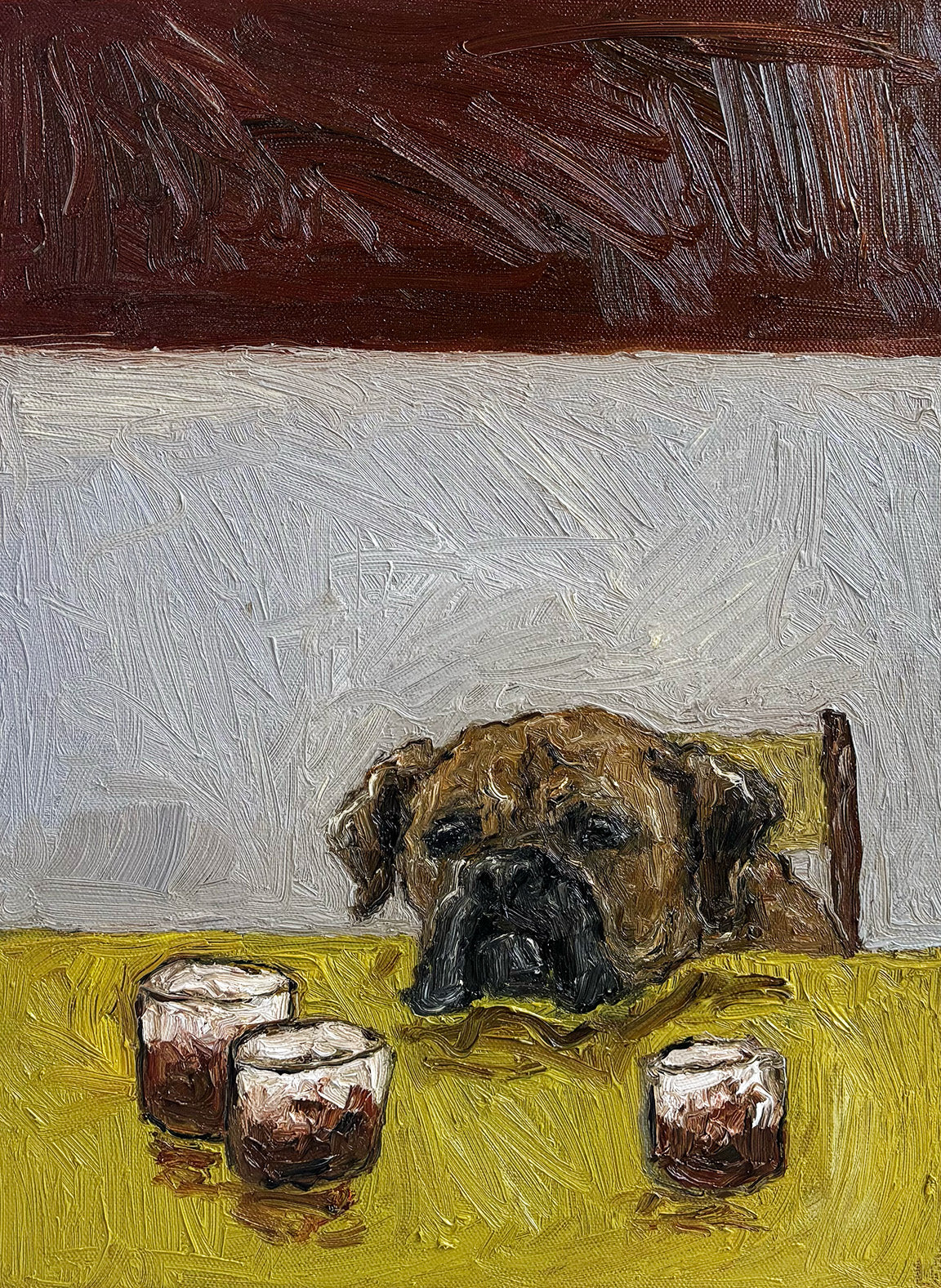 White Russian by Leah Boyd is an original oil painting featuring a sad brown dog at a yellow table with three cups, set against a textured maroon and gray banded background, signed on canvas.