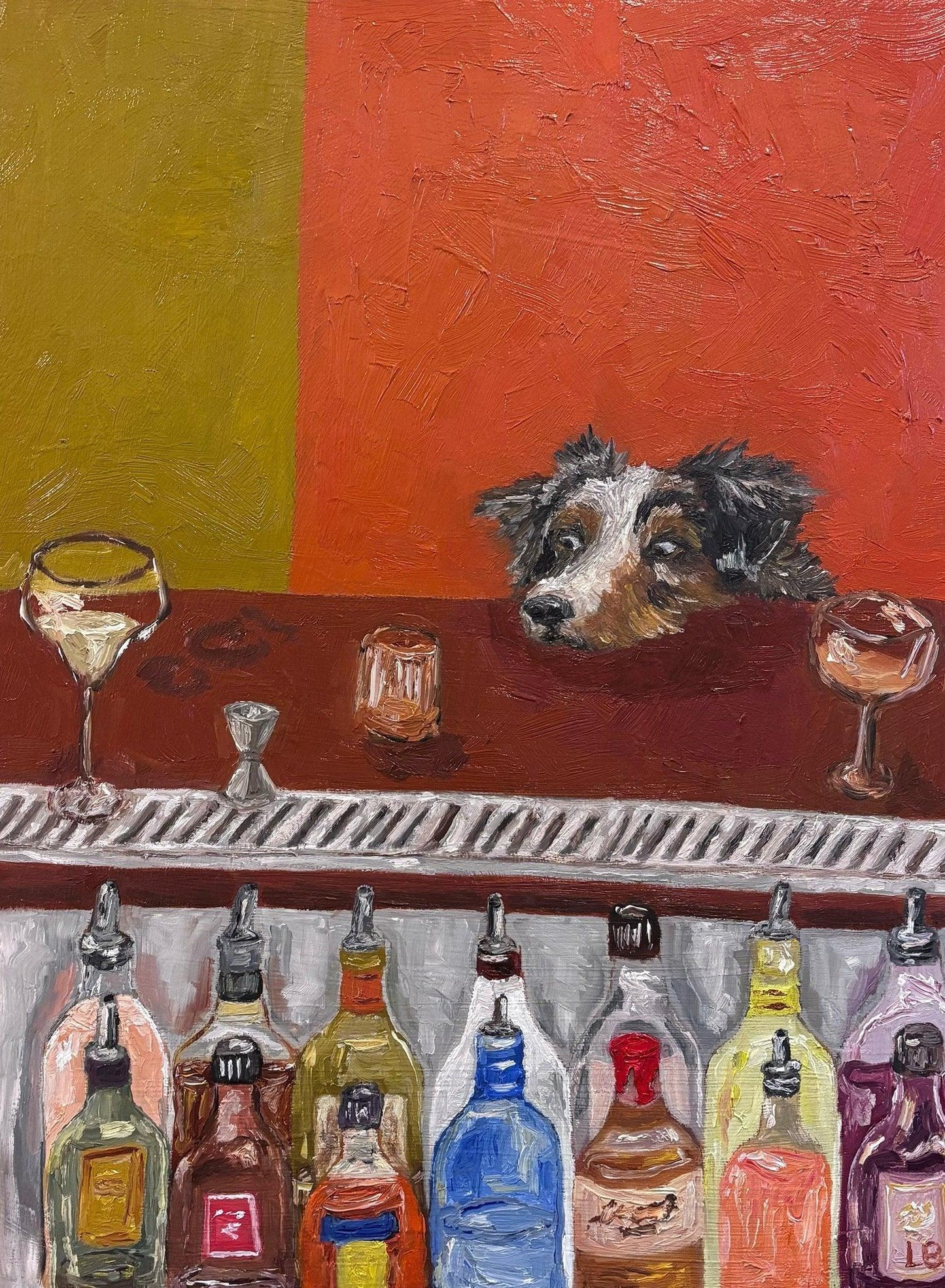 Bar Scene by Leah Boyd features a black and white dog behind a bar, eyes peeking over bottles and glasses, set against a red-orange background. This original oil painting is crafted on a cradled wood panel.
