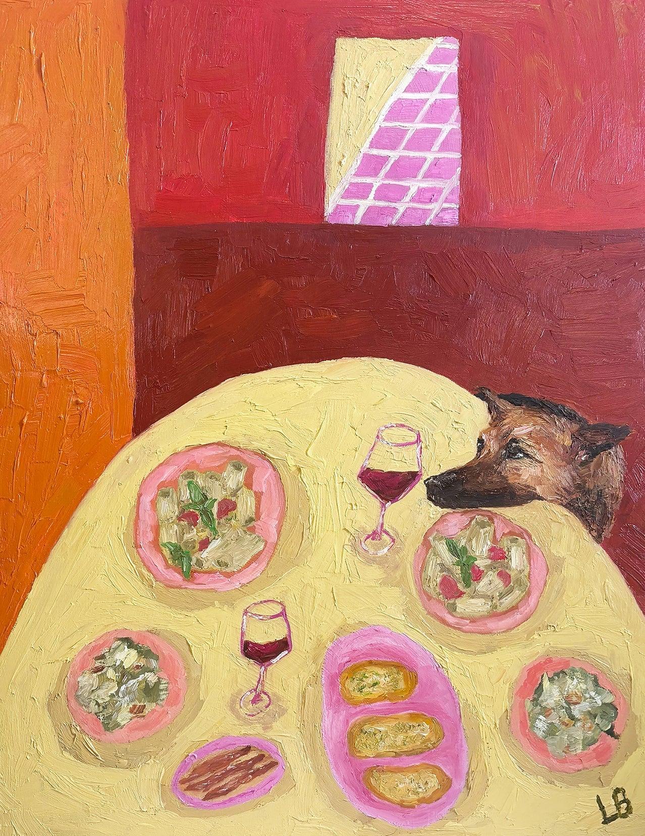 "Dinner for One no. 7: Pesto Pasta" by Leah Boyd is an original oil painting on cradled wood panel, featuring a table with pesto pasta, plates of food, red wine, a dog resting its head, and a doorway with a pink checkered floor and warm background colors.