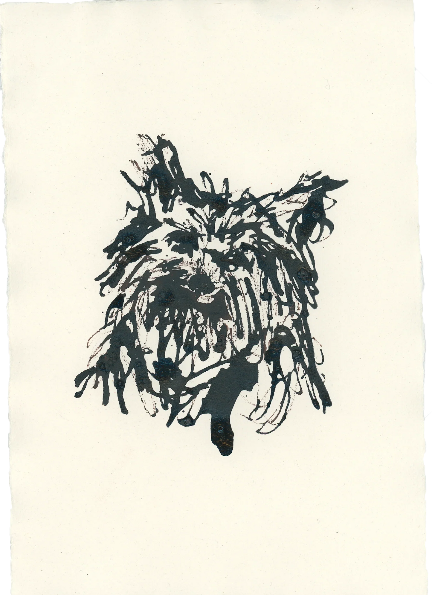 Leah Boyd's "Acrylic Ink Dog no. 18" features dynamic black acrylic ink on off-white watercolor paper, forming an expressive, textured face or animal head with jagged lines and energetic brushstrokes.