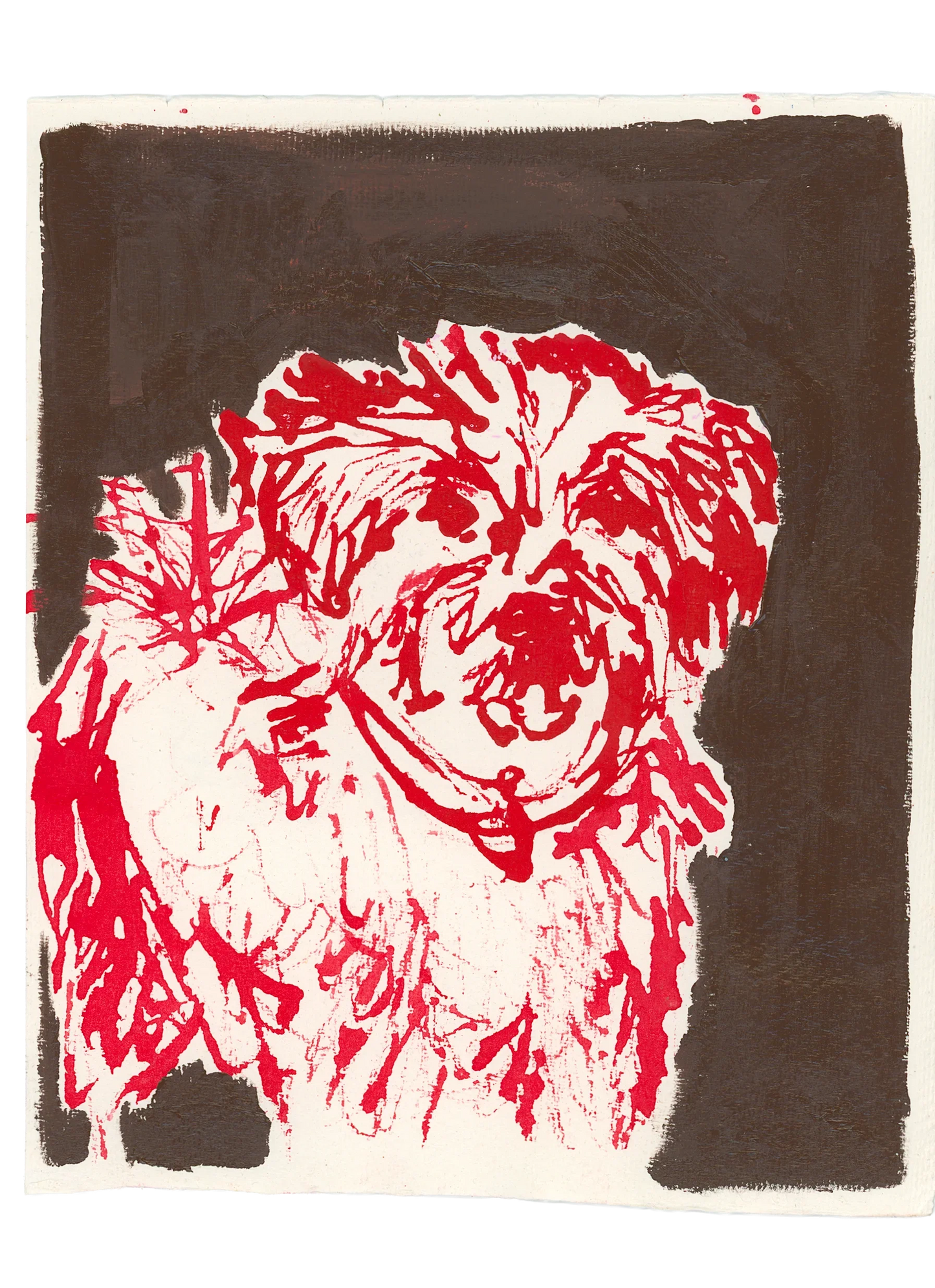 Acrylic Ink Dog no.1 by Leah Boyd features a stylized red and white fluffy dog on a dark brown background. This personalized pet art captures a happy pup with perked ears—a unique acrylic ink portrait.