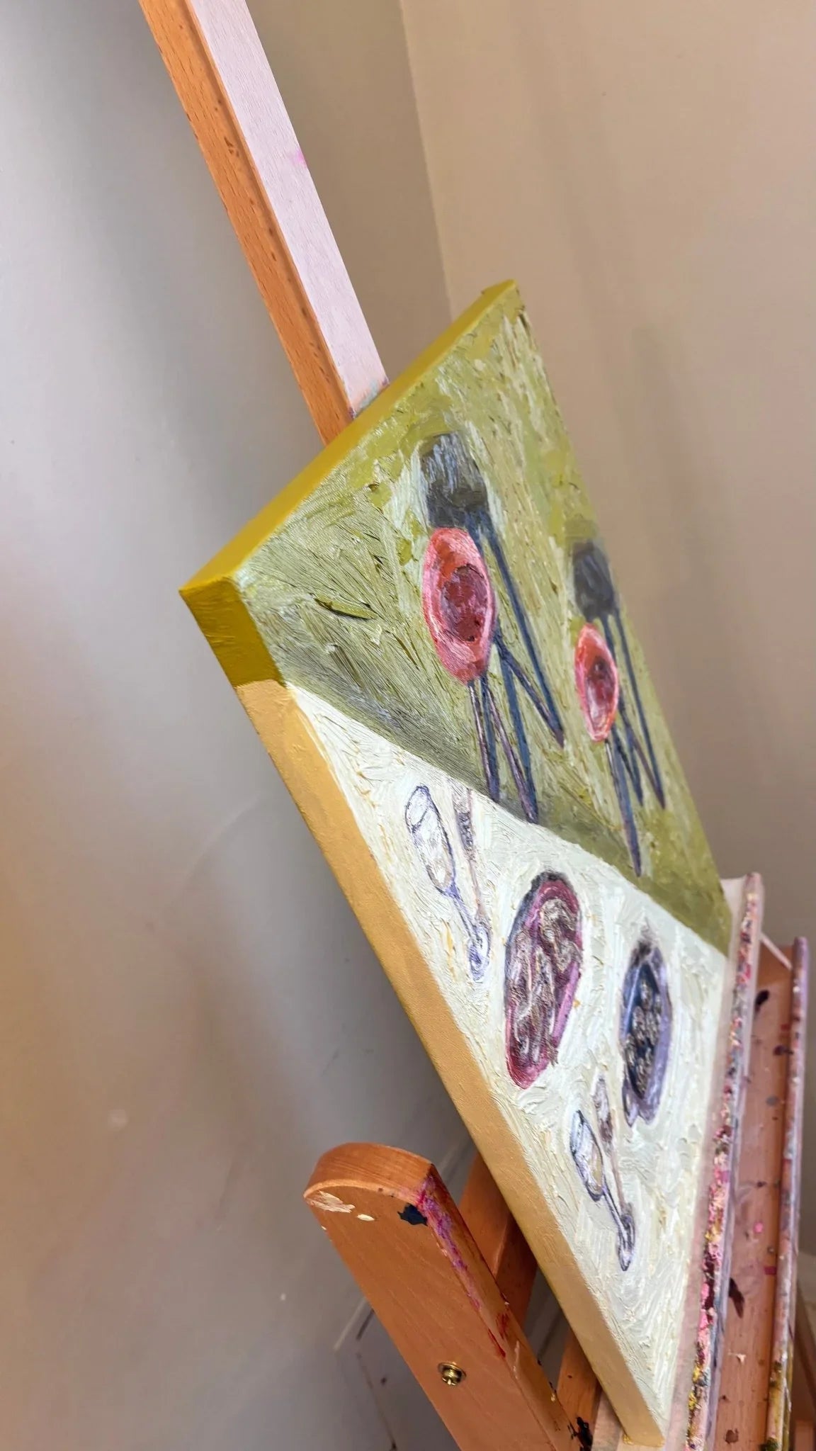 Contemporary food painting of a table with wine glasses and plates, paint application is thick and textural