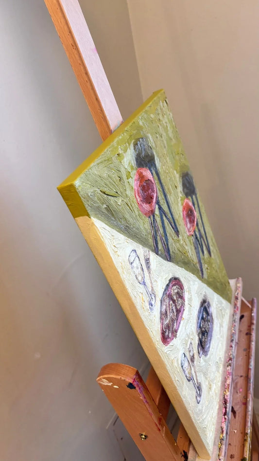 Contemporary food painting of a table with wine glasses and plates, paint application is thick and textural