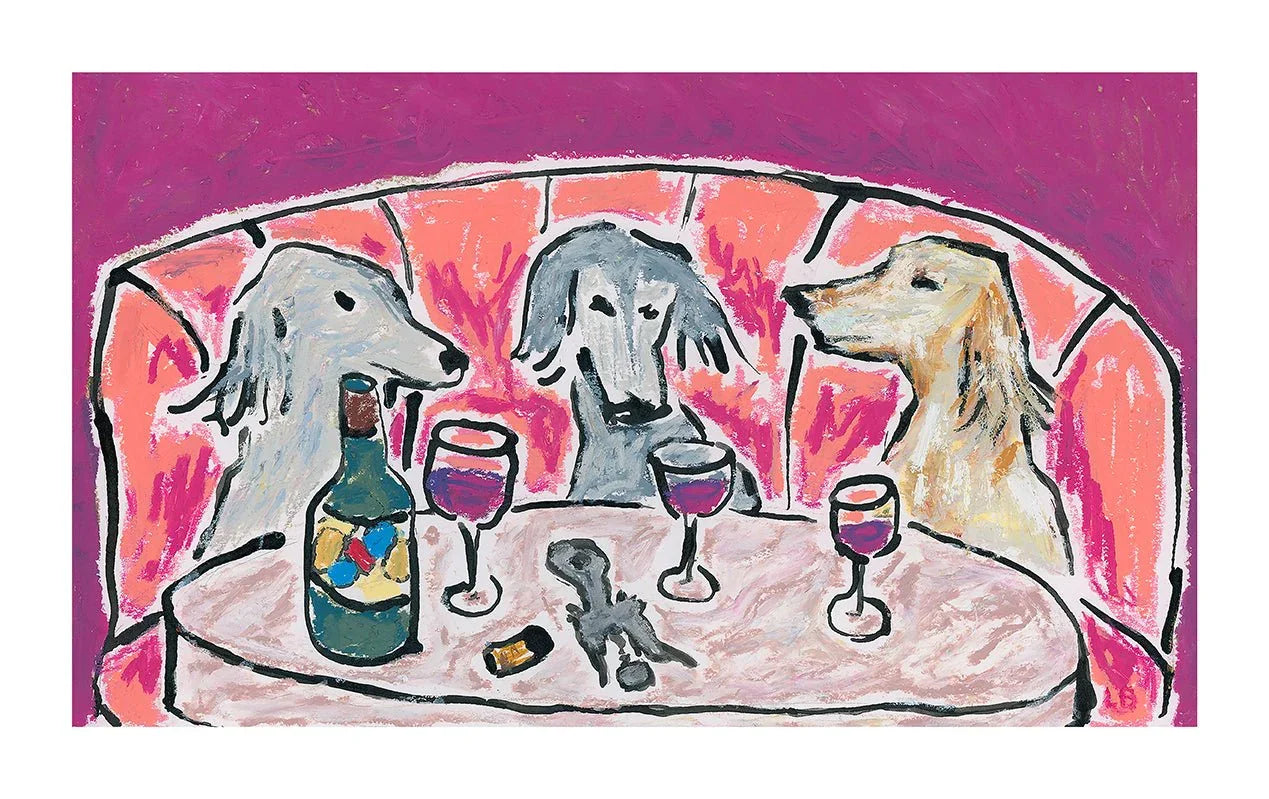 In "Wine Night & Yap" by Leah Boyd, three dogs gather at a round table with wine glasses. This whimsical Giclee print on archival matte paper brings playful charm to any art collection.