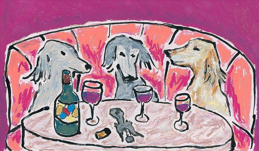Three dogs sit at a round table with wine glasses, a bottle, and corkscrew. "Wine Night & Yap" by Leah Boyd features vibrant oil pastel art on a pink-orange background and includes a certificate of authenticity.