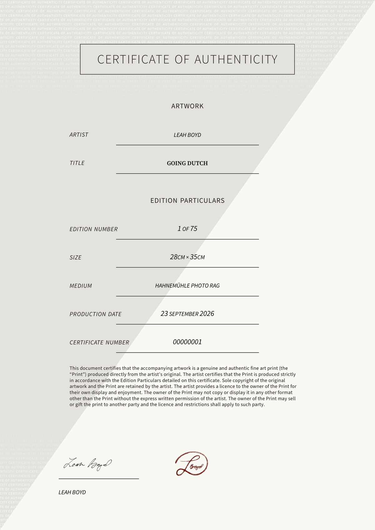 Going Dutch — Certificate of Authenticity