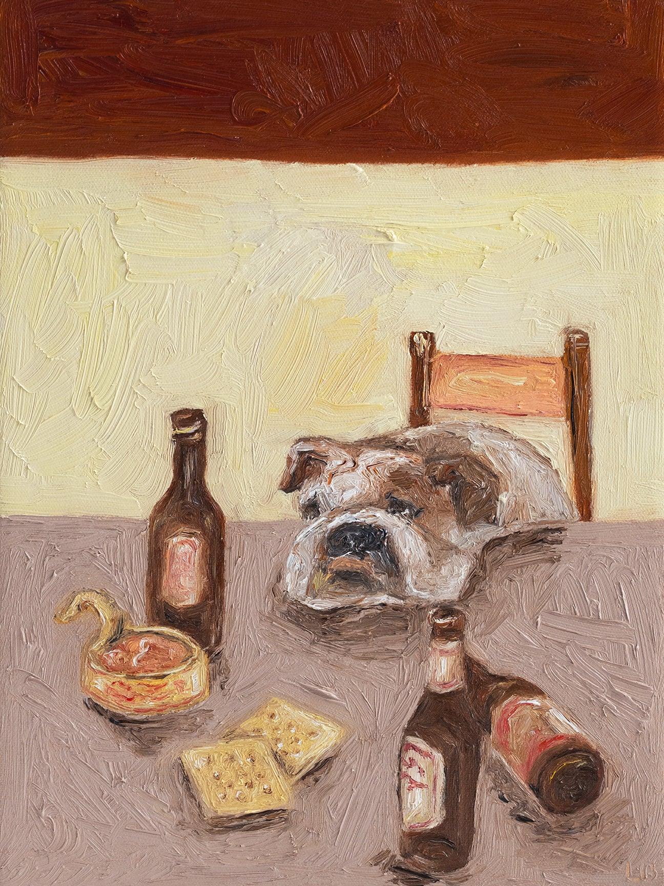 After Work Blues" by Leah Boyd is an original oil painting featuring a bulldog at a table with beer bottles, tuna, and crackers. Earthy tones and textured brushstrokes give it a rustic feel. Ready to hang; certificate of authenticity included.