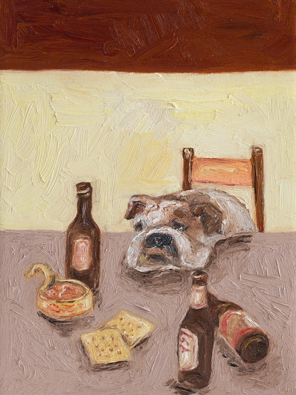 After Work Blues" by Leah Boyd is an original oil painting featuring a bulldog at a table with beer bottles, tuna, and crackers. Earthy tones and textured brushstrokes give it a rustic feel. Ready to hang; certificate of authenticity included.