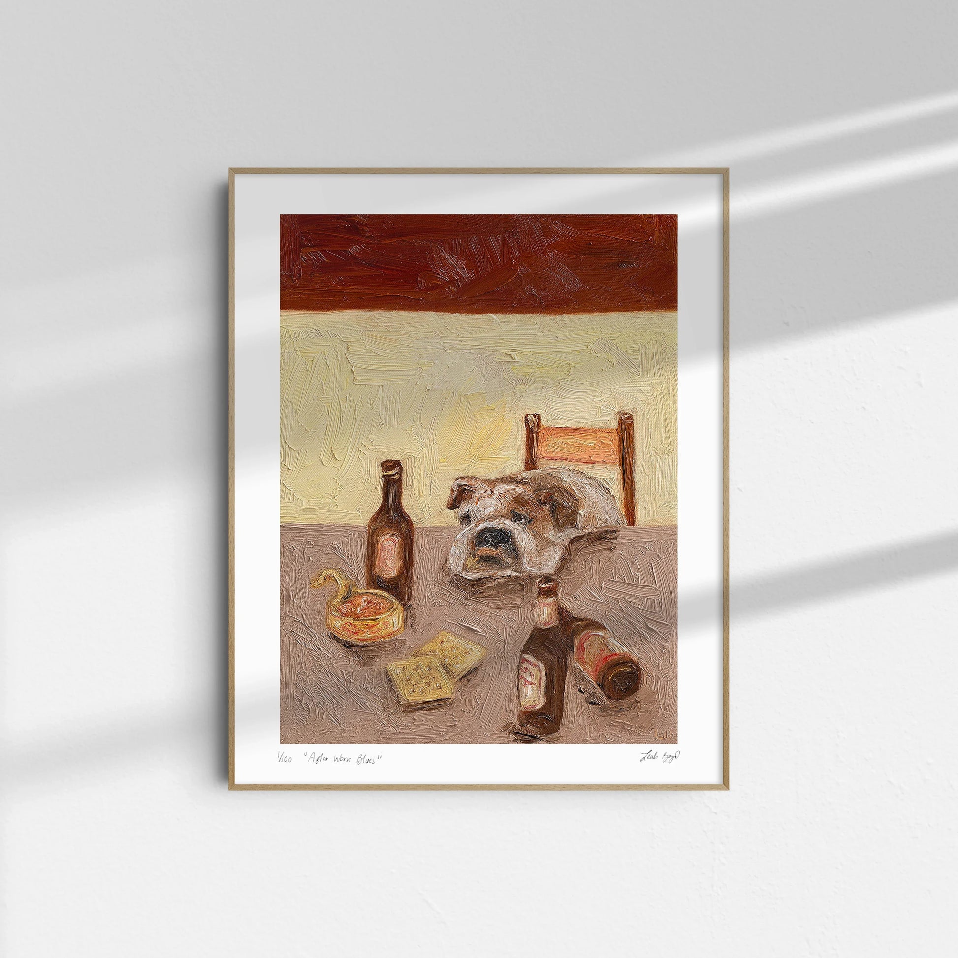 After Work Blues" by Leah Boyd is a framed oil on canvas featuring a bulldog resting its chin on a table with bottles and snacks, painted in a textured impressionistic style and displayed on a softly lit white wall.