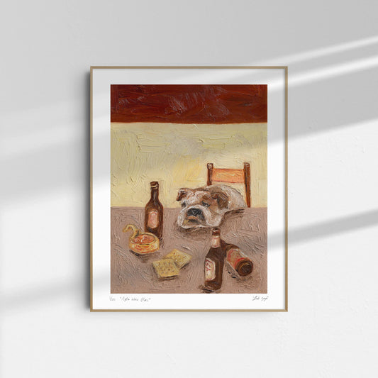 After Work Blues" by Leah Boyd is a framed oil on canvas featuring a bulldog resting its chin on a table with bottles and snacks, painted in a textured impressionistic style and displayed on a softly lit white wall.