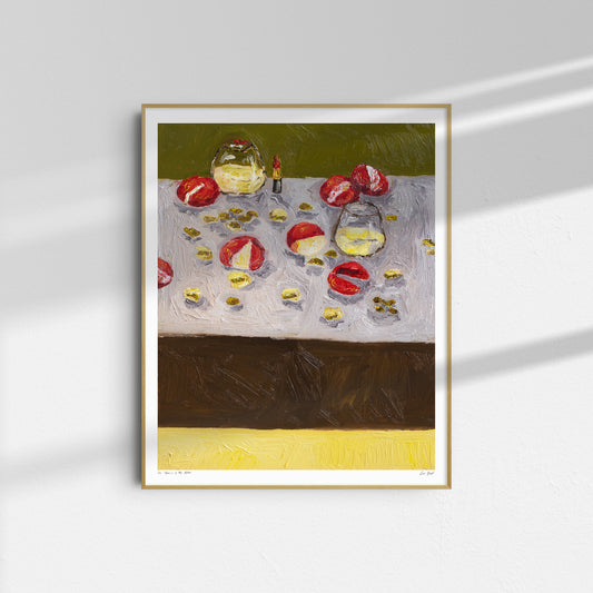 Memories of My Mother" by Leah Boyd is a framed oil on canvas depicting red and white round objects, possibly apples, with smaller yellow items on a textured surface against green, brown, and yellow horizontal bands.