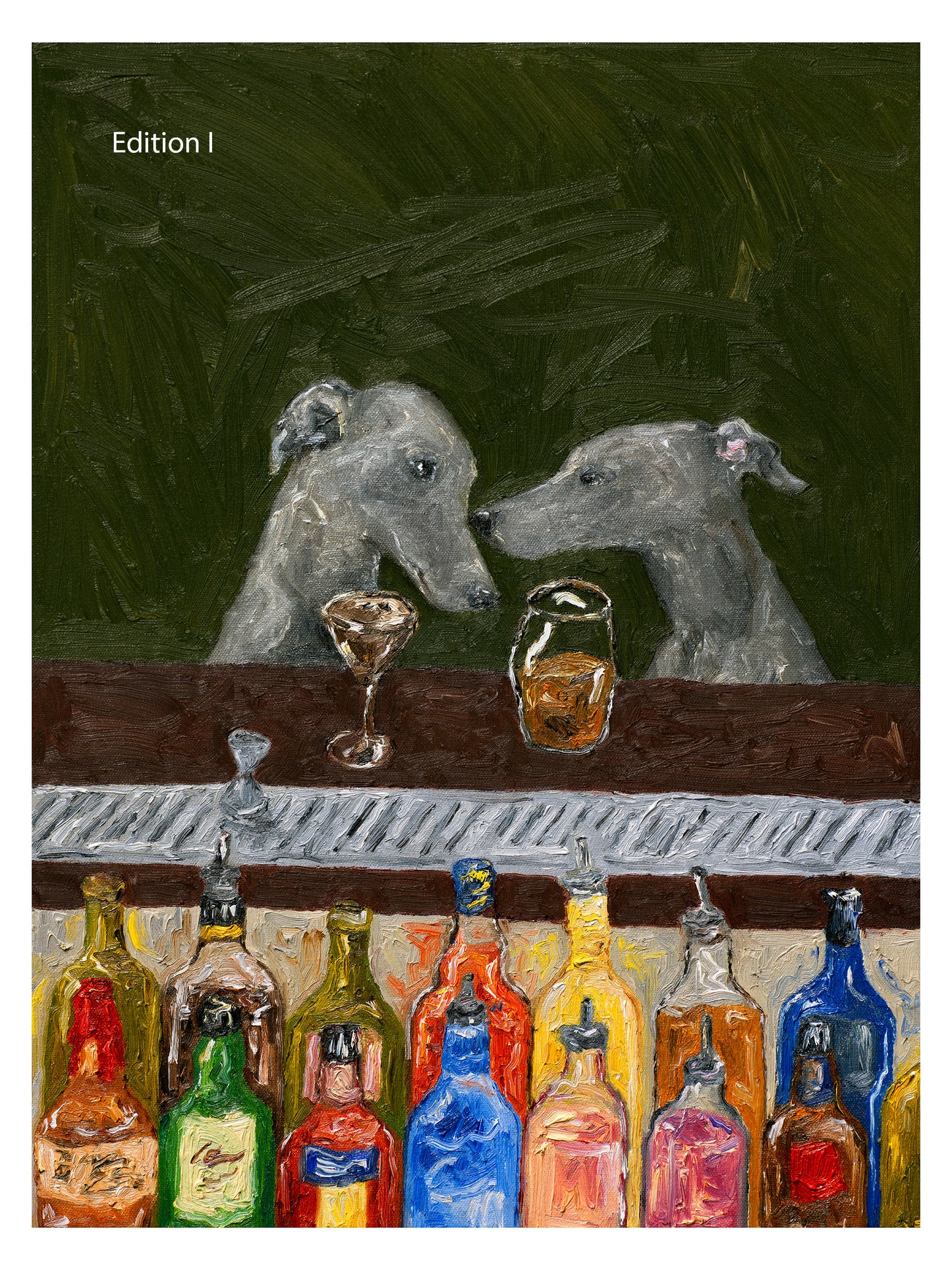 In Leah Boyd’s Bar Scene [PRINT PREORDER], two greyhounds sit across from each other at a bar, drinks in front of them, while vibrant bottles decorate the counter and a deep green backdrop adds sophistication. "Edition I" appears in the top left corner, marking this charming scene as part of a collectible series. Available as a limited edition and Giclee art print, it is perfect for collectors and dog lovers alike.