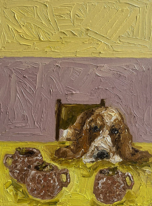 The "Moscow Mule" by Leah Boyd is a textured oil painting of a dog resting its head on a table with three brown teapots, set against bold purple and yellow brushstrokes—an eye-catching canvas wall art.