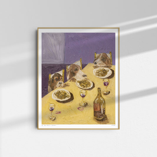 Basset Hounds & Artichokes by Leah Boyd is a framed art print of three Basset Hounds dining with wine, inspired by oil on canvas—perfect decor for dog lovers.