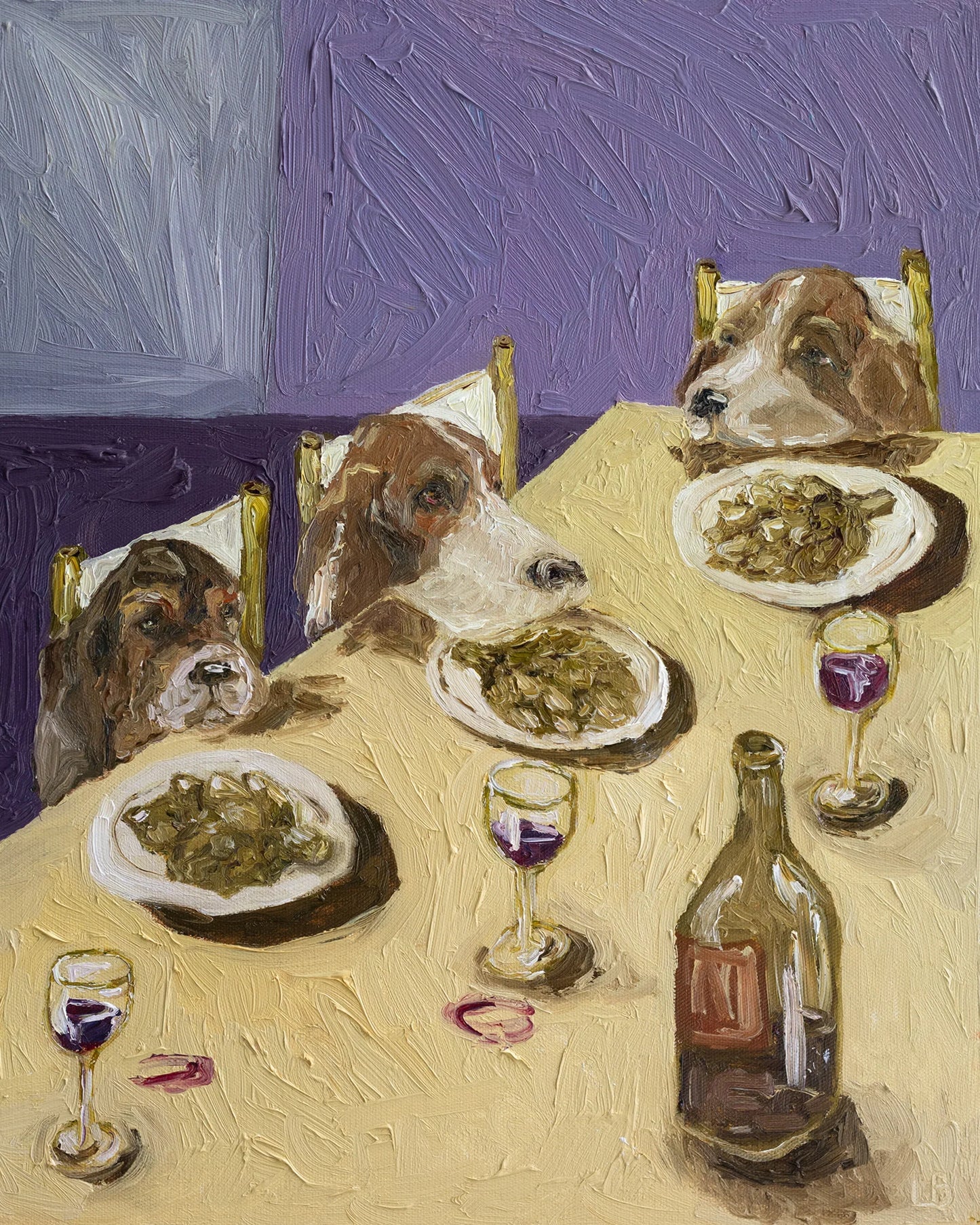 In "Basset Hounds & Artichokes" by Leah Boyd, three Basset Hounds dine at a table with artichokes and wine. Expressive texture and playful dogs make this oil painting perfect for Basset Hound art lovers.