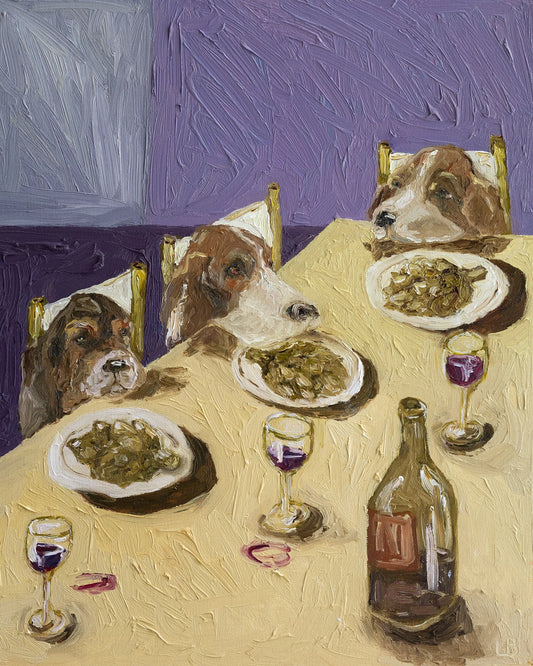 In "Basset Hounds & Artichokes" by Leah Boyd, three Basset Hounds dine at a table with artichokes and wine. Expressive texture and playful dogs make this oil painting perfect for Basset Hound art lovers.