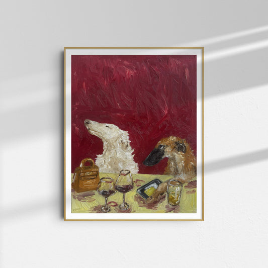 As If [PRINT PREORDER] by Leah Boyd is a whimsical, impressionistic limited edition art print of two dogs at a table with wine glasses on a textured red background—perfect for adding charm to any space.