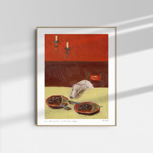Dinner for One no. 13: Steak Dinner & Borzoi by Leah Boyd is a limited edition Giclee print featuring a dog's head on a yellow table with steak plates, two unlit candlesticks, and soft natural light against a deep red wall.