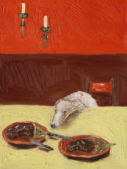 Dinner for One no. 13: Steak Dinner and Borzoi by Leah Boyd features a white Borzoi resting its head on a yellow table with two plates of steak, set against a deep red background—perfect art for steak dinner lovers.