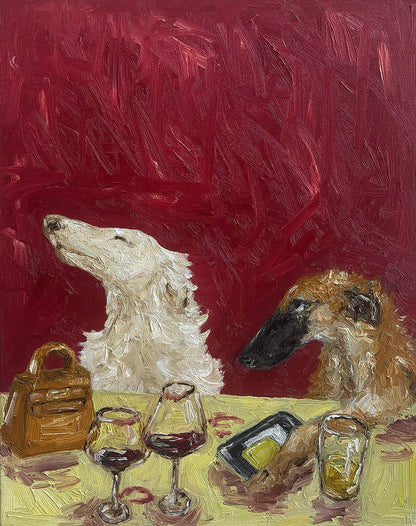 As If" by Leah Boyd features two dogs at a table with wine glasses, a purse, phone, and glass of water. One dog looks up serenely while the other gazes down, all set against textured red paint. Framed canvas art adds unique charm to any room.