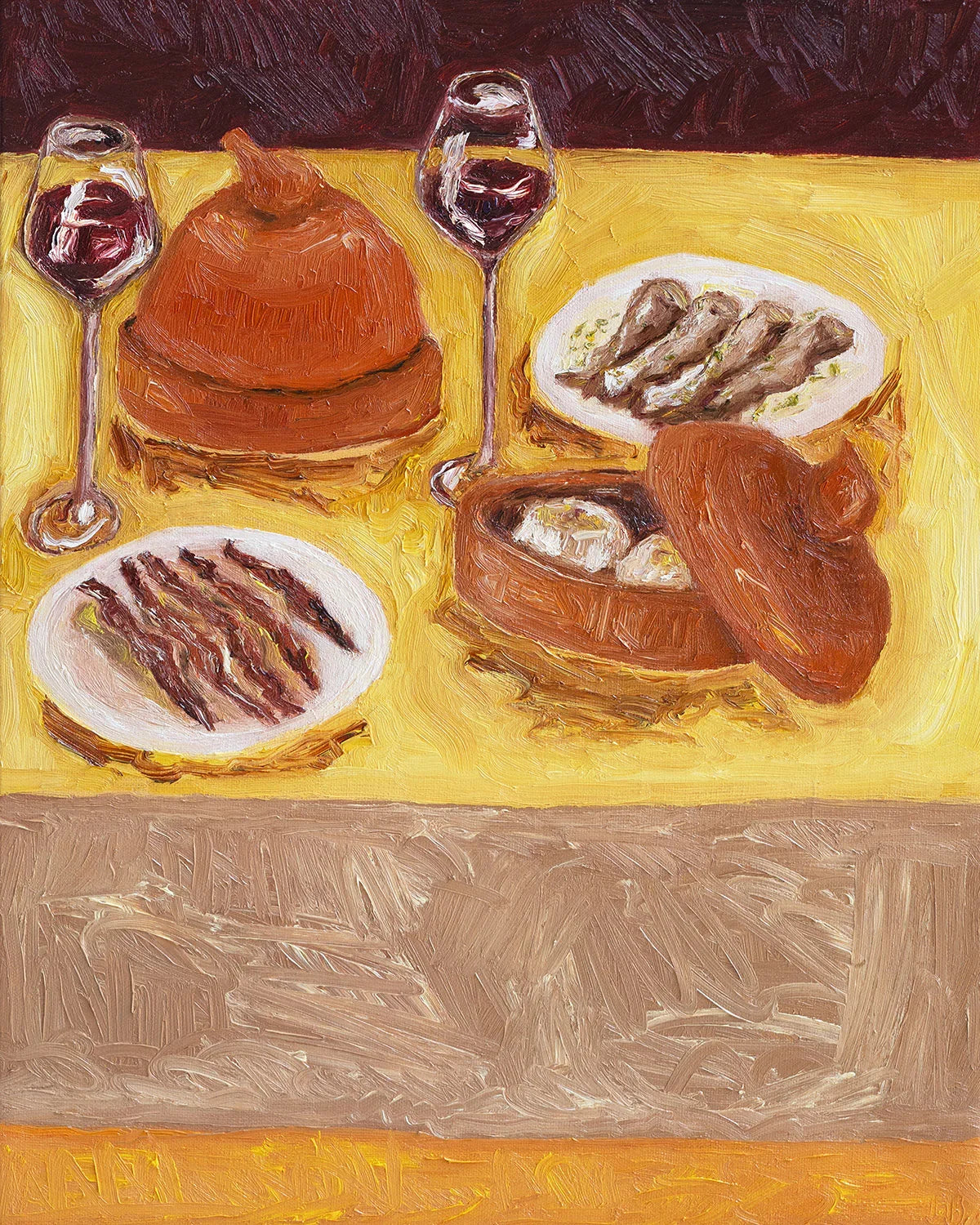 Pass the Bread" by Leah Boyd depicts a yellow tablecloth set with two glasses of red wine, a covered dish, plates with sliced food—possibly fish—and a lidded basket filled with bread or rolls.