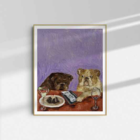 “Yikes [PRINT PREORDER]” by Leah Boyd is a framed print depicting two dogs at a table with cake, wine glasses, and a TV remote on a textured purple background, displayed on a white wall.