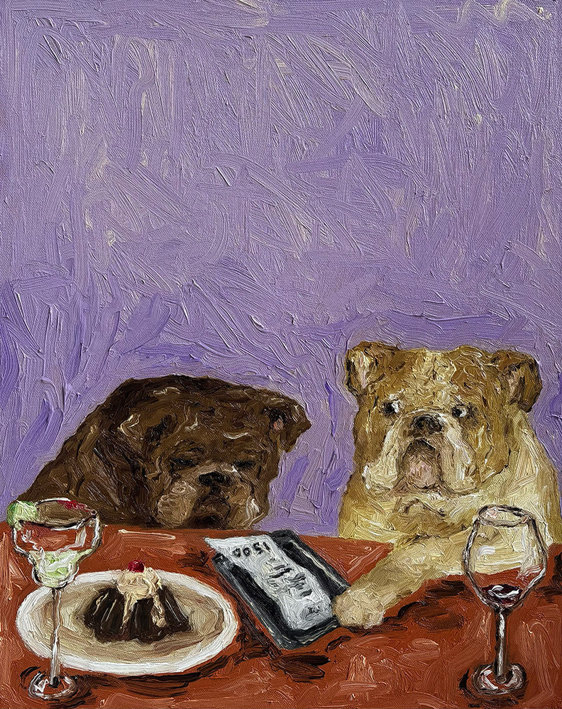 Yikes" by Leah Boyd is an original oil painting of two bulldogs at a table with wine glasses, dessert, and a TV remote. Set on a purple background, it arrives ready to hang in a walnut floater frame with certificate of authenticity.
