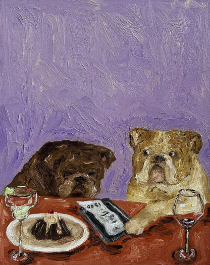 Yikes" by Leah Boyd is an original oil painting of two bulldogs at a table with wine glasses, dessert, and a TV remote. Set on a purple background, it arrives ready to hang in a walnut floater frame with certificate of authenticity.