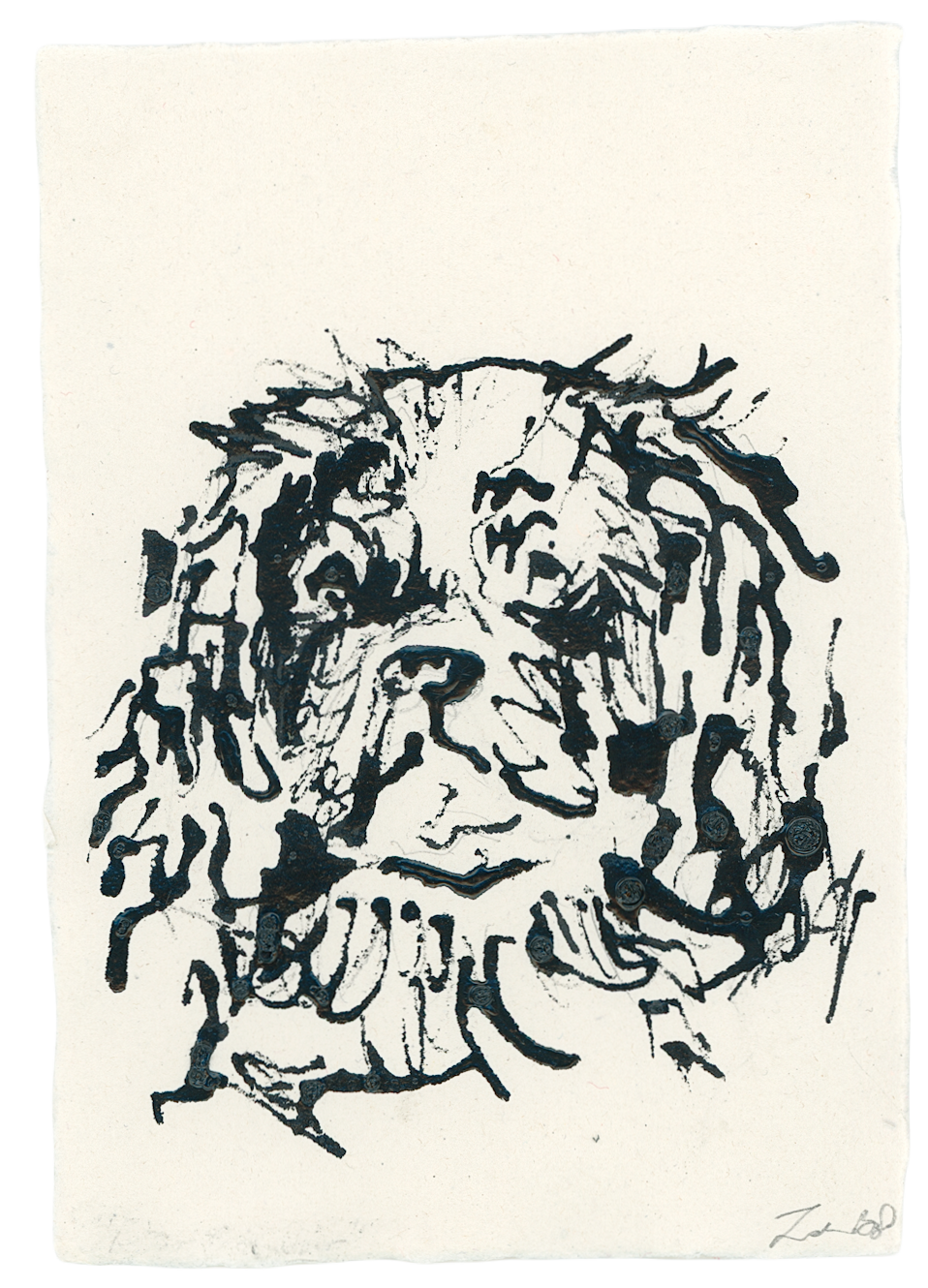 Acrylic Ink Dog no. 46 by Leah Boyd is a black ink sketch on textured white paper, capturing a shaggy dog's gentle expression and long fur with loose, expressive lines—a charming custom canine portrait.